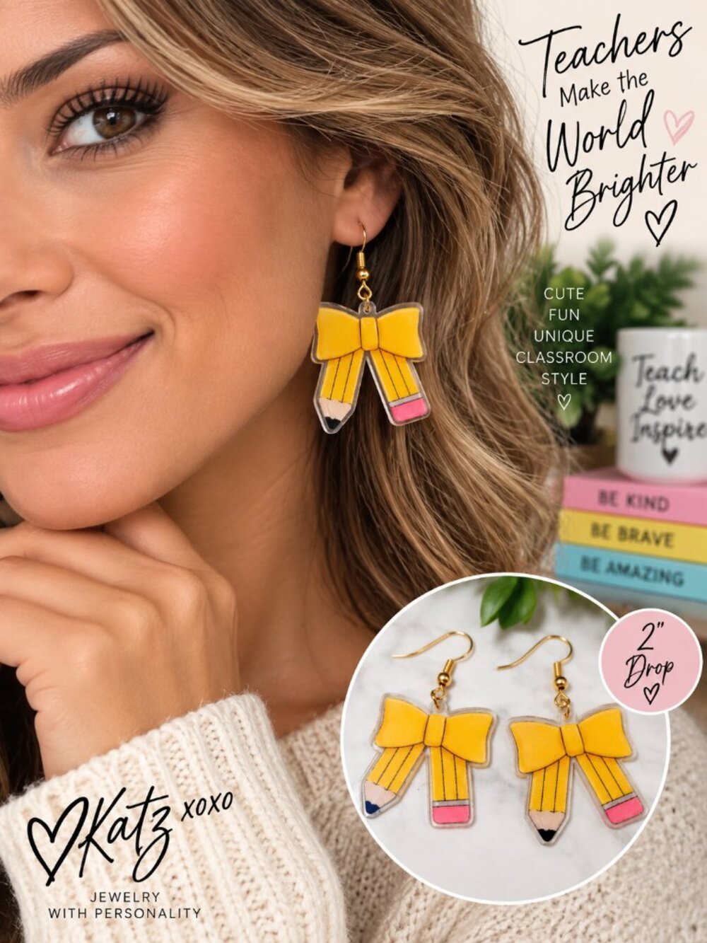 Pencil Bow Acrylic Earrings Teacher Back to School Coquette Dangle Jewelry Gift